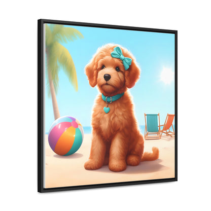 Doodle Puppy on Beach - Wooden Gallery Canvas Picture, Square Frame! Nice!