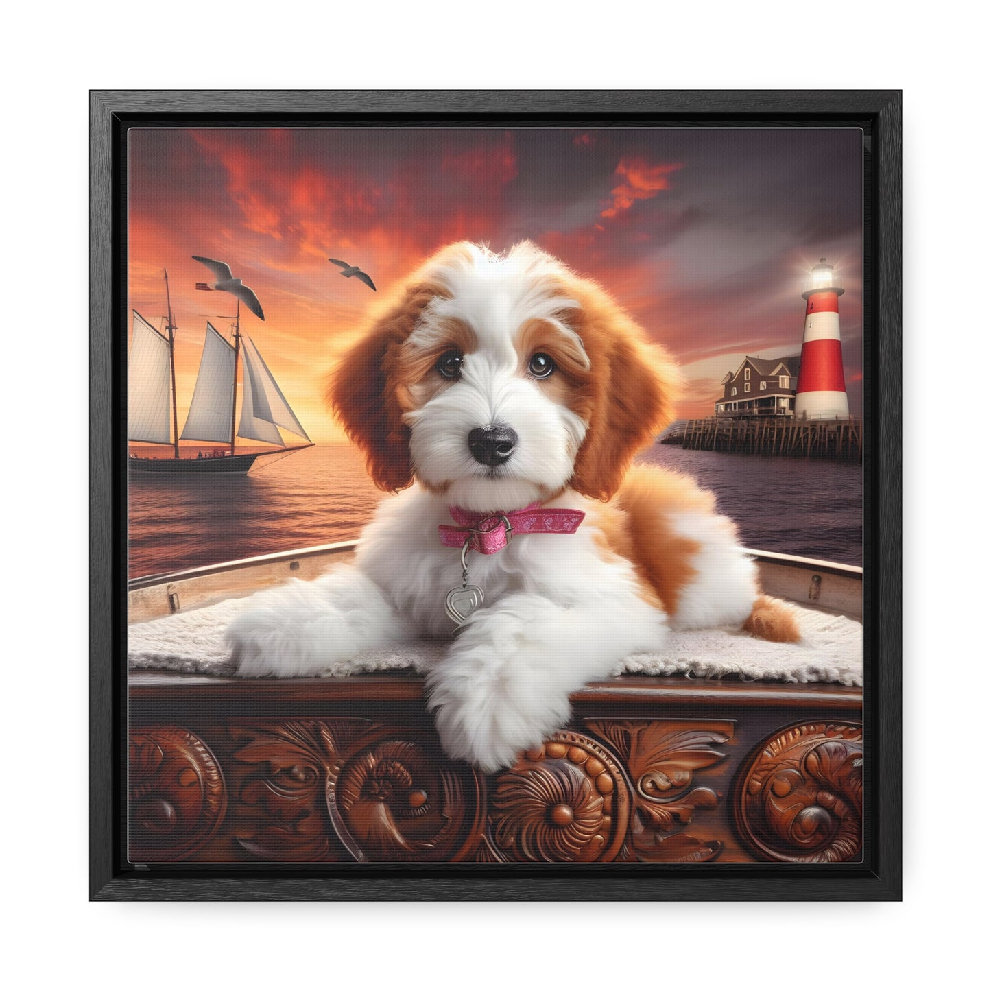 Red and White Doodle on Sailboat at Sunset - Wooden Gallery Canvas Picture - Square Frame - Nice!