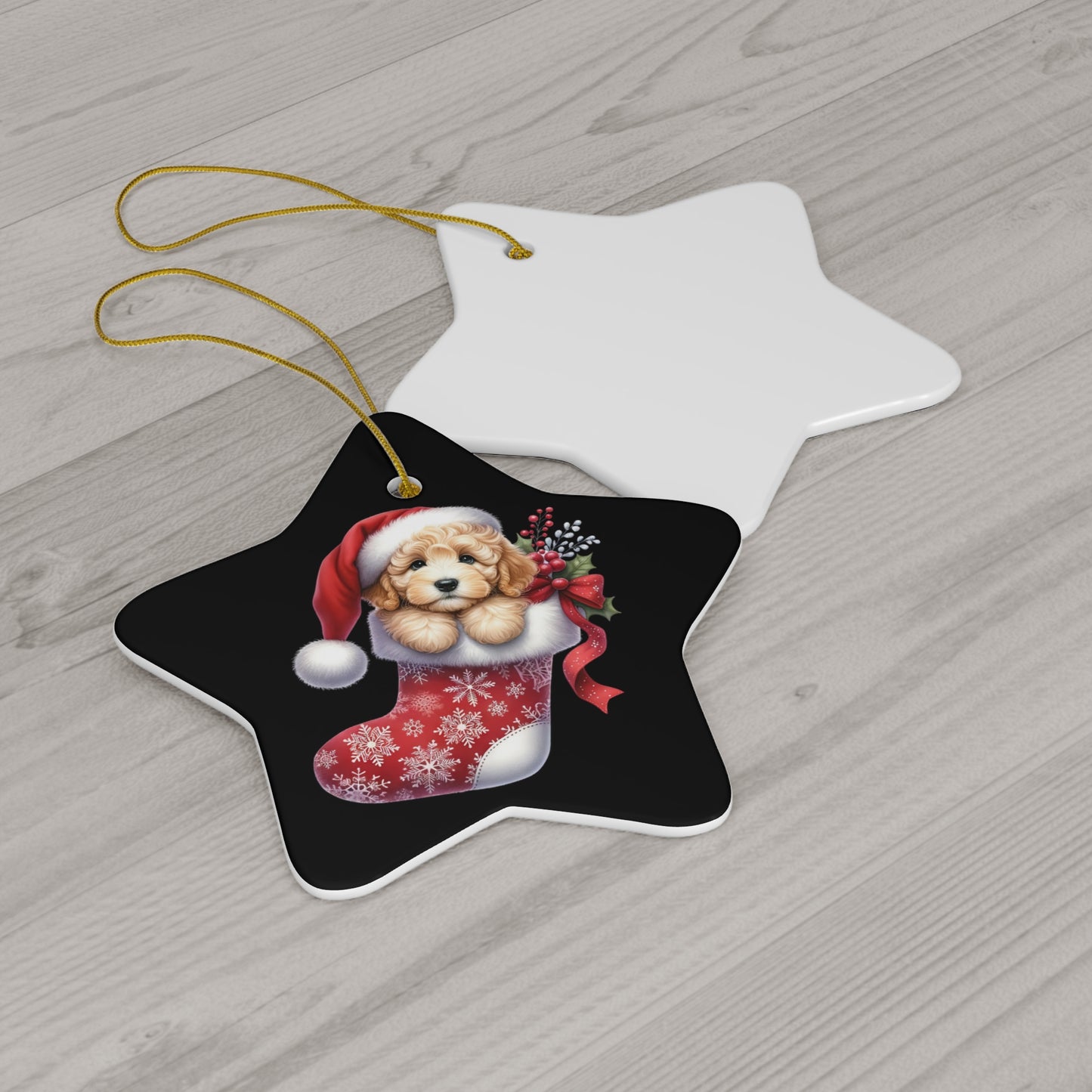 Christmas Doodle Puppy Stocking Ceramic Ornament, 3 Shapes