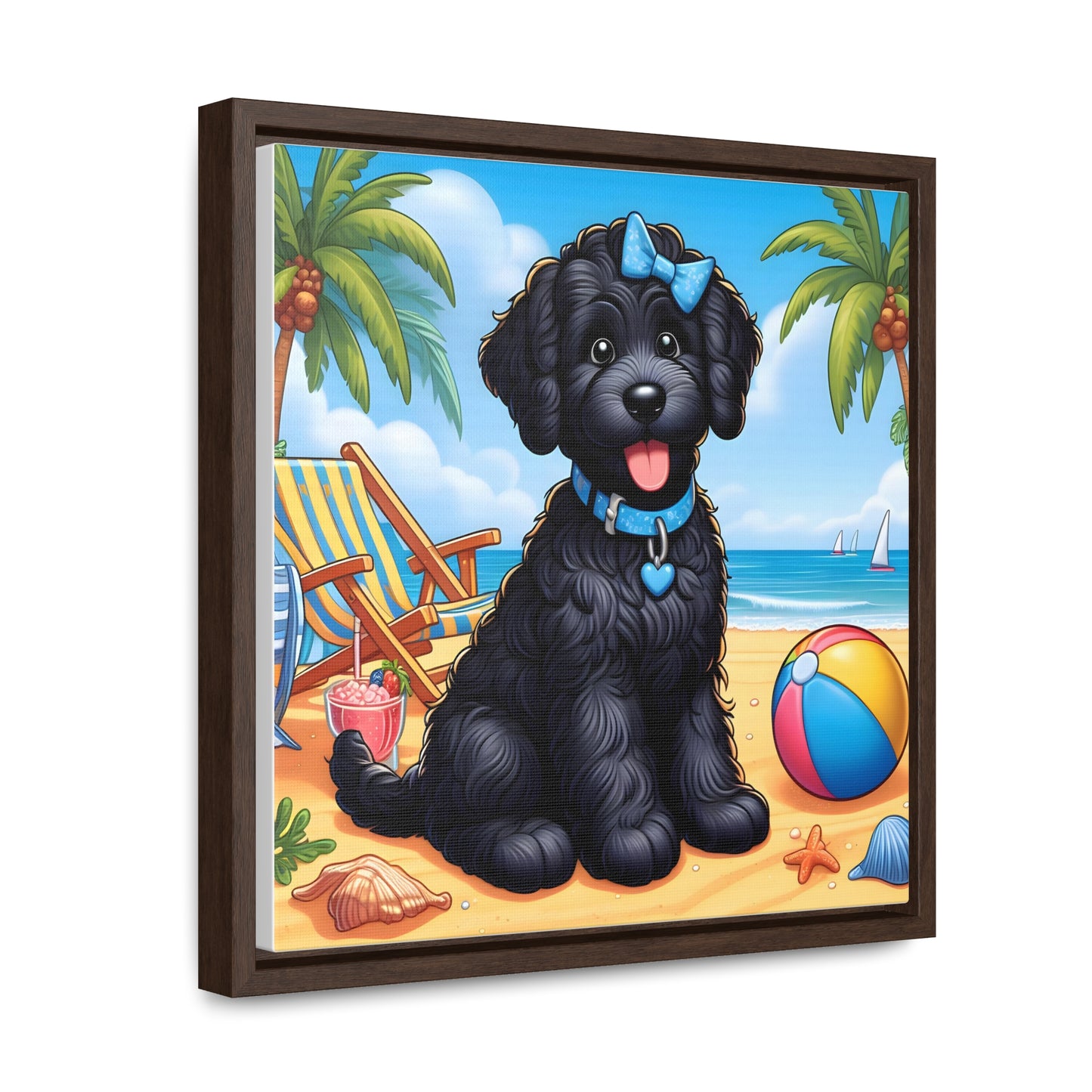 Black Doodle Puppy Cartoon Inspired - Wooden Gallery Canvas Picture - Square Frame - Nice!