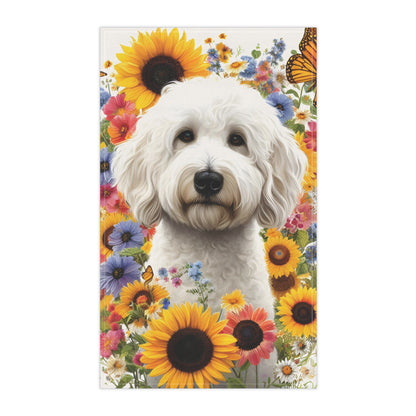 White Sunflower Doodle Kitchen Towel