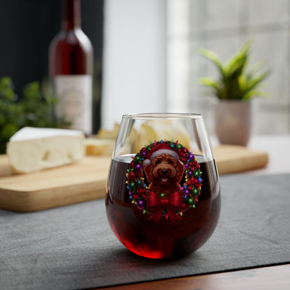 Red Doodle Christmas Wreath - Stemless Wine Glass, 11.75oz