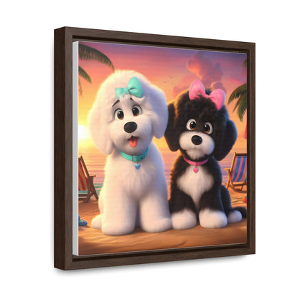 Doodle Puppies on Beach, Cartoon Inspired - Wooden Gallery Canvas Picture - Square Frame - Nice!