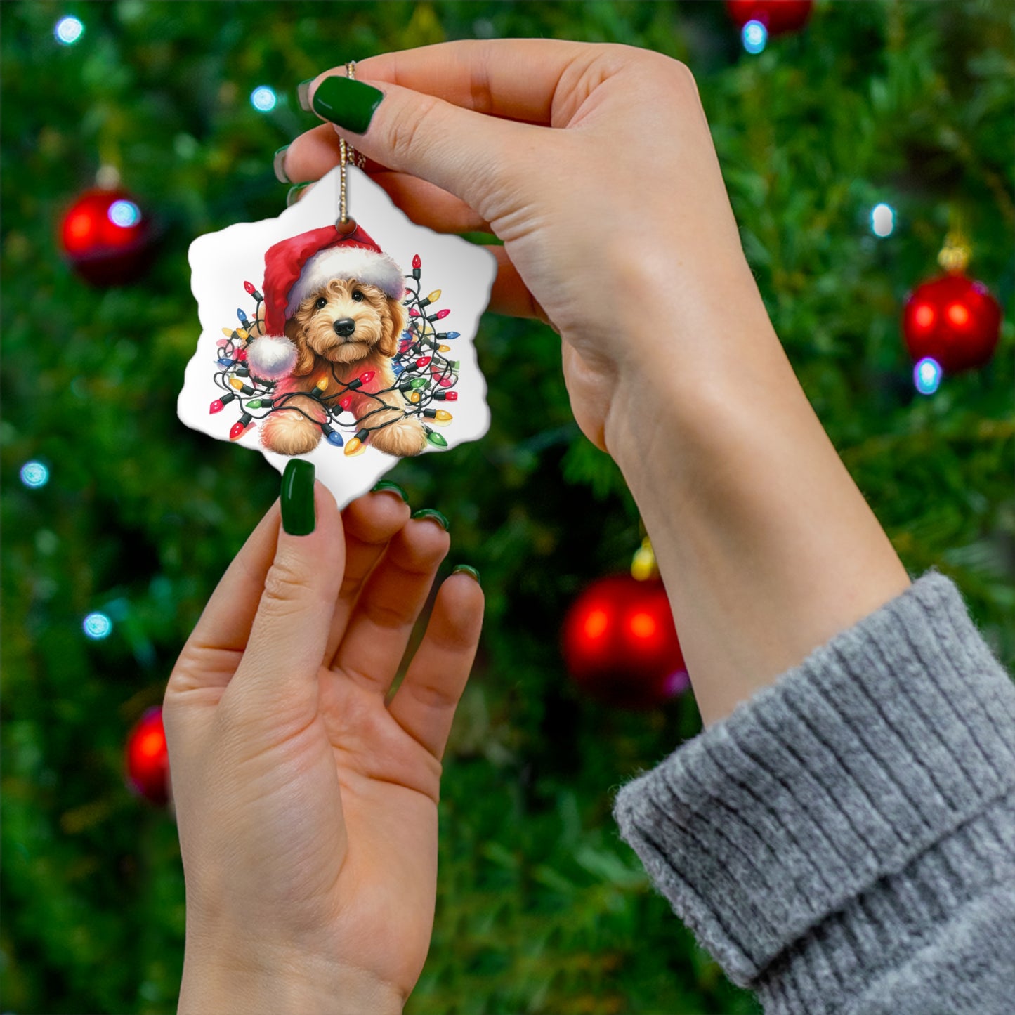 Christmas Doodle w/Lights Ceramic Ornament, 3 Shapes