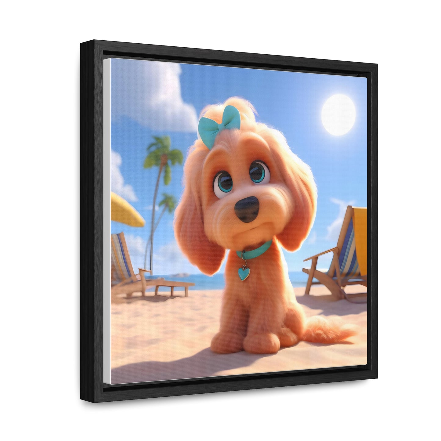 Doodle Cartoon Inspired Puppy w/Blue Collar & Bow - Wooden Gallery Canvas Picture - Square Frame - Nice!