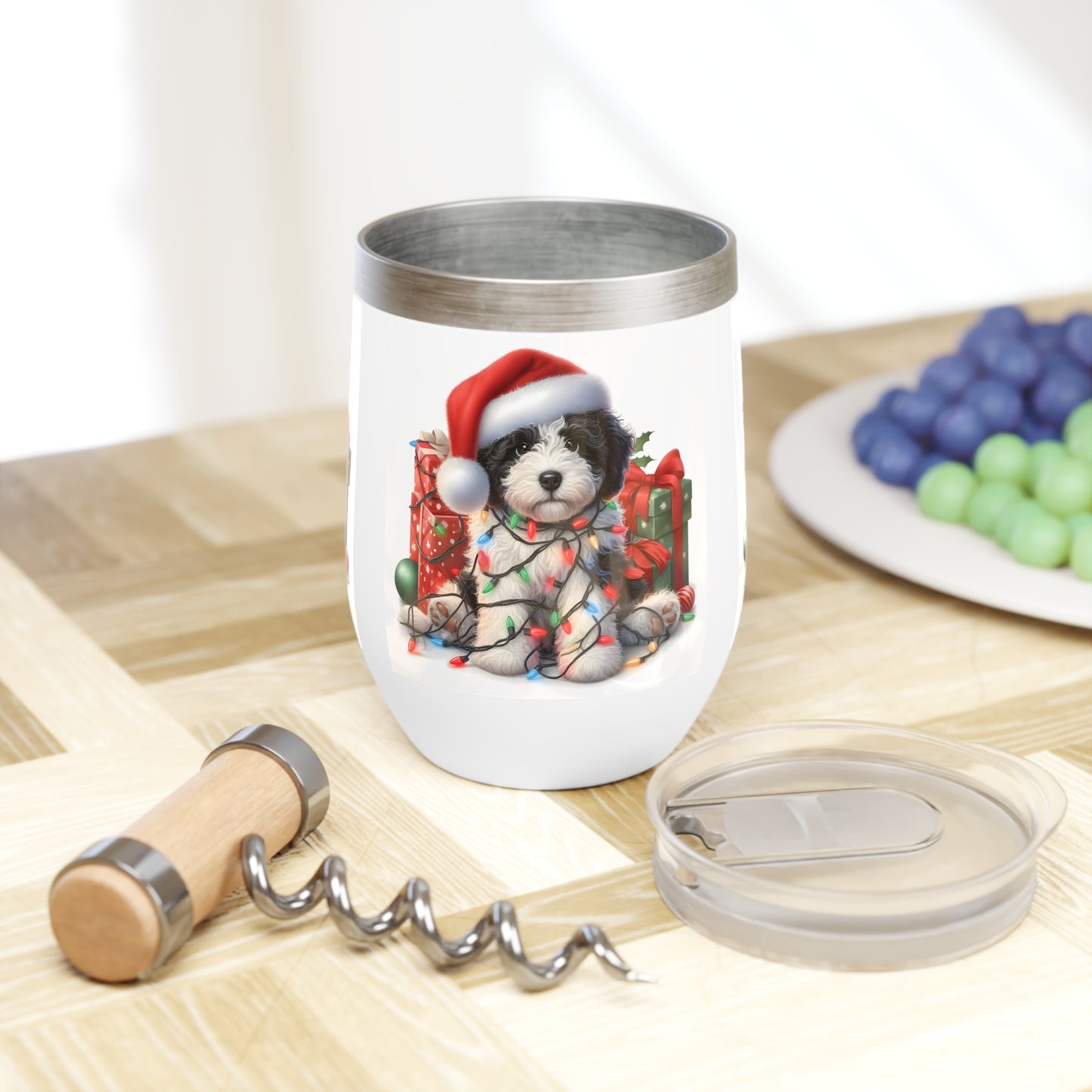 Black & White Doodle Christmas Puppy - Chill Wine Tumbler