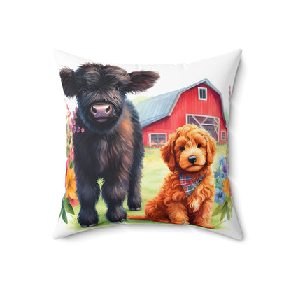 Scottish Highland Cow Doodle Spun Polyester Square Pillow