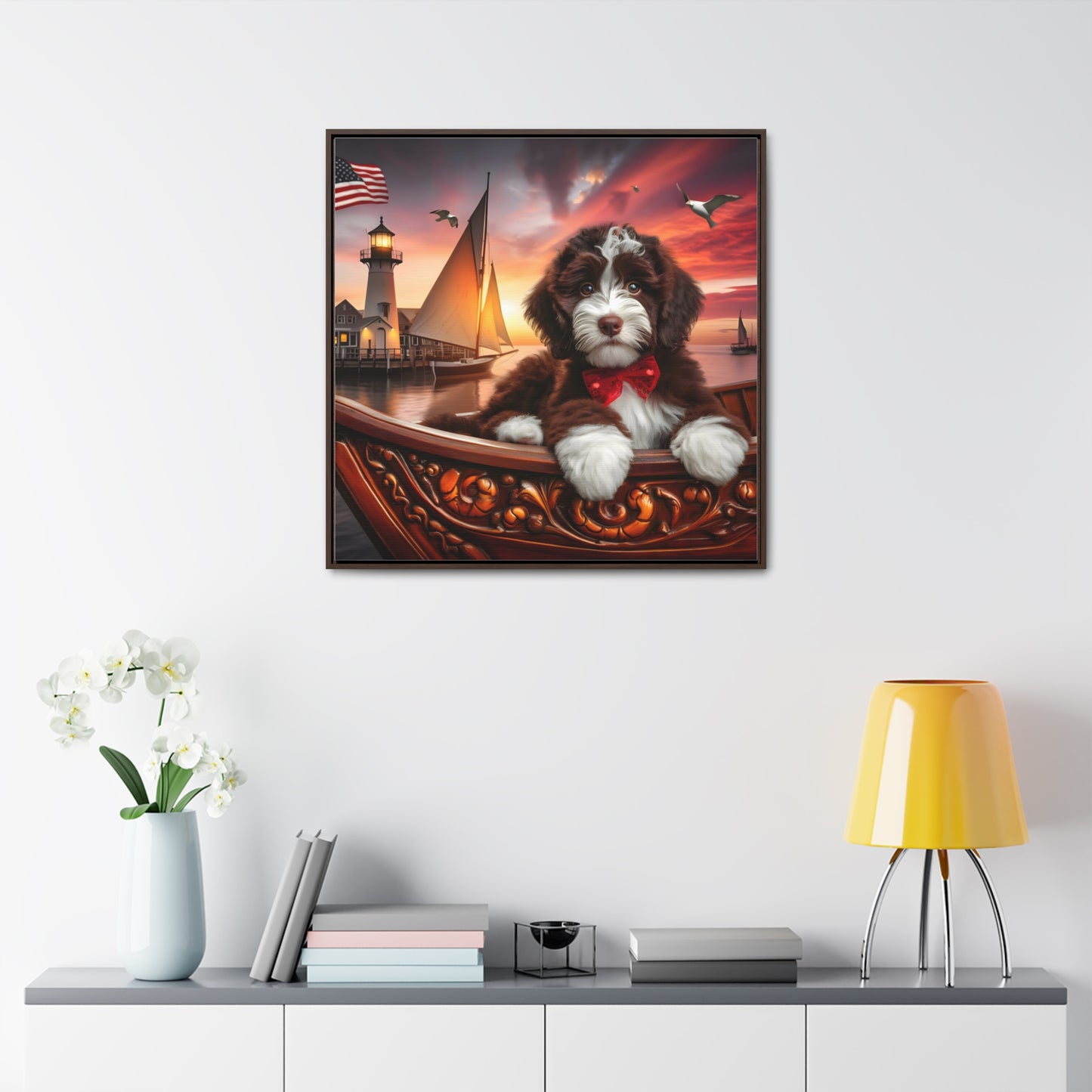 Chocolate Doodle on Sailboat at Sunset - Wooden Gallery Canvas Picture - Square Frame - Nice!