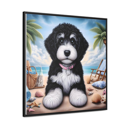 Black & White Doodle Puppy on Beach - Wooden Gallery Canvas Picture - Square Frame - Nice!