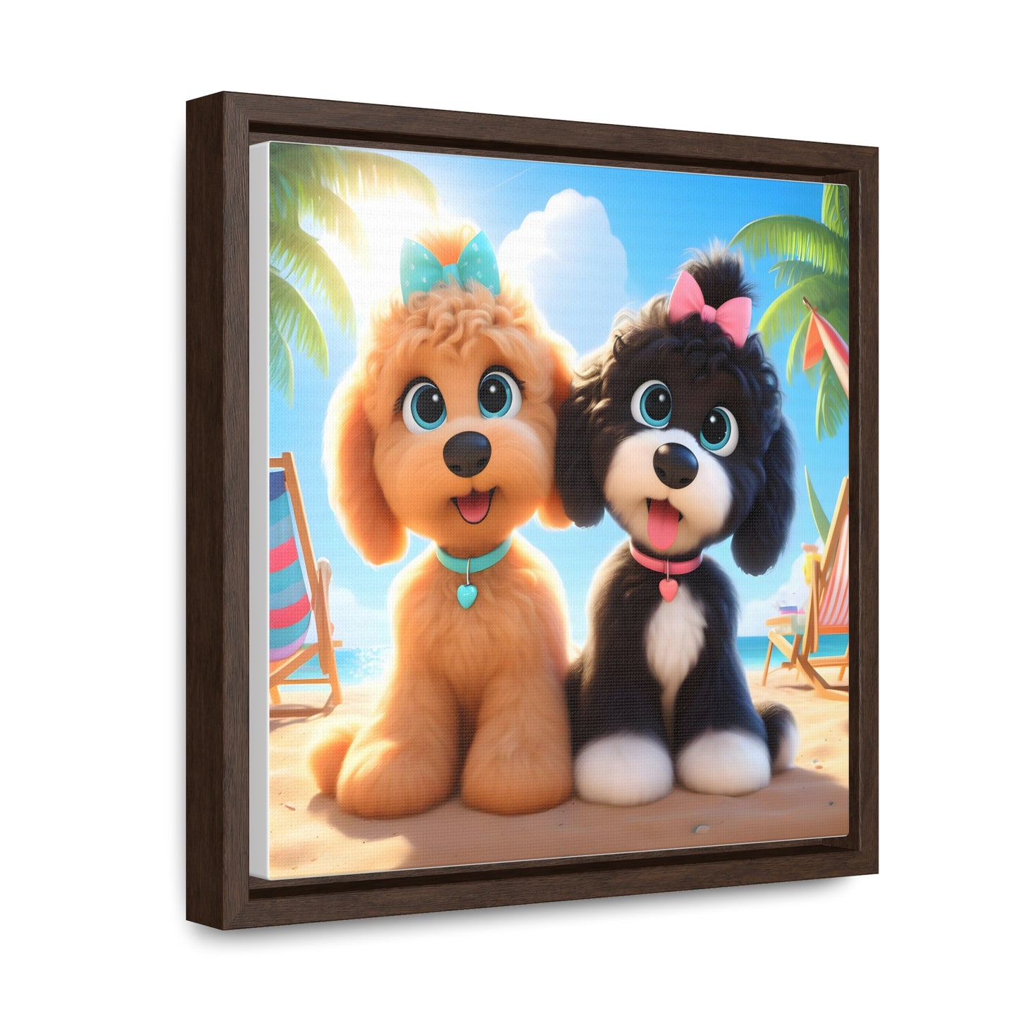 Doodle Puppies on Beach, Cartoon Inspired - Wooden Gallery Canvas Pictures - Square Frame - Nice!