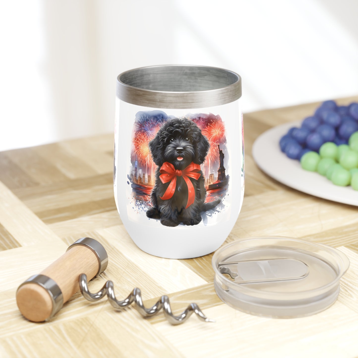 Black Doodle Celebration with Fireworks - Chill Wine Tumbler