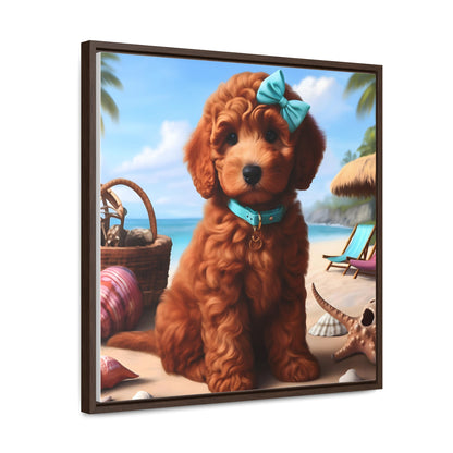 Red Doodle Puppy on Beach - Wooden Gallery Canvas Picture - Square Frame - Nice!