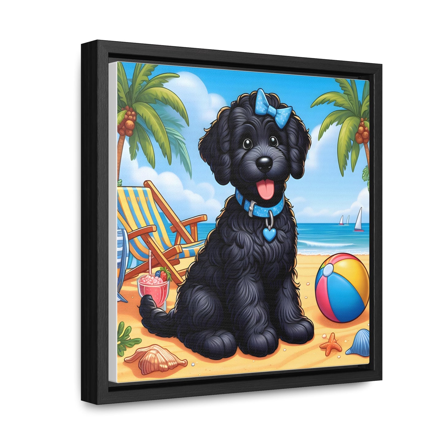 Black Doodle Puppy Cartoon Inspired - Wooden Gallery Canvas Picture - Square Frame - Nice!