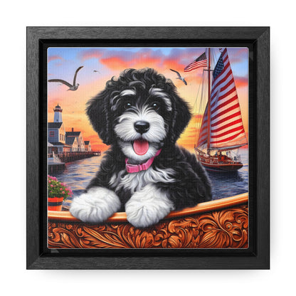 Black and White Doodle on Sailboat at Sunset - Wooden Gallery Canvas Picture - Square Frame - Nice!