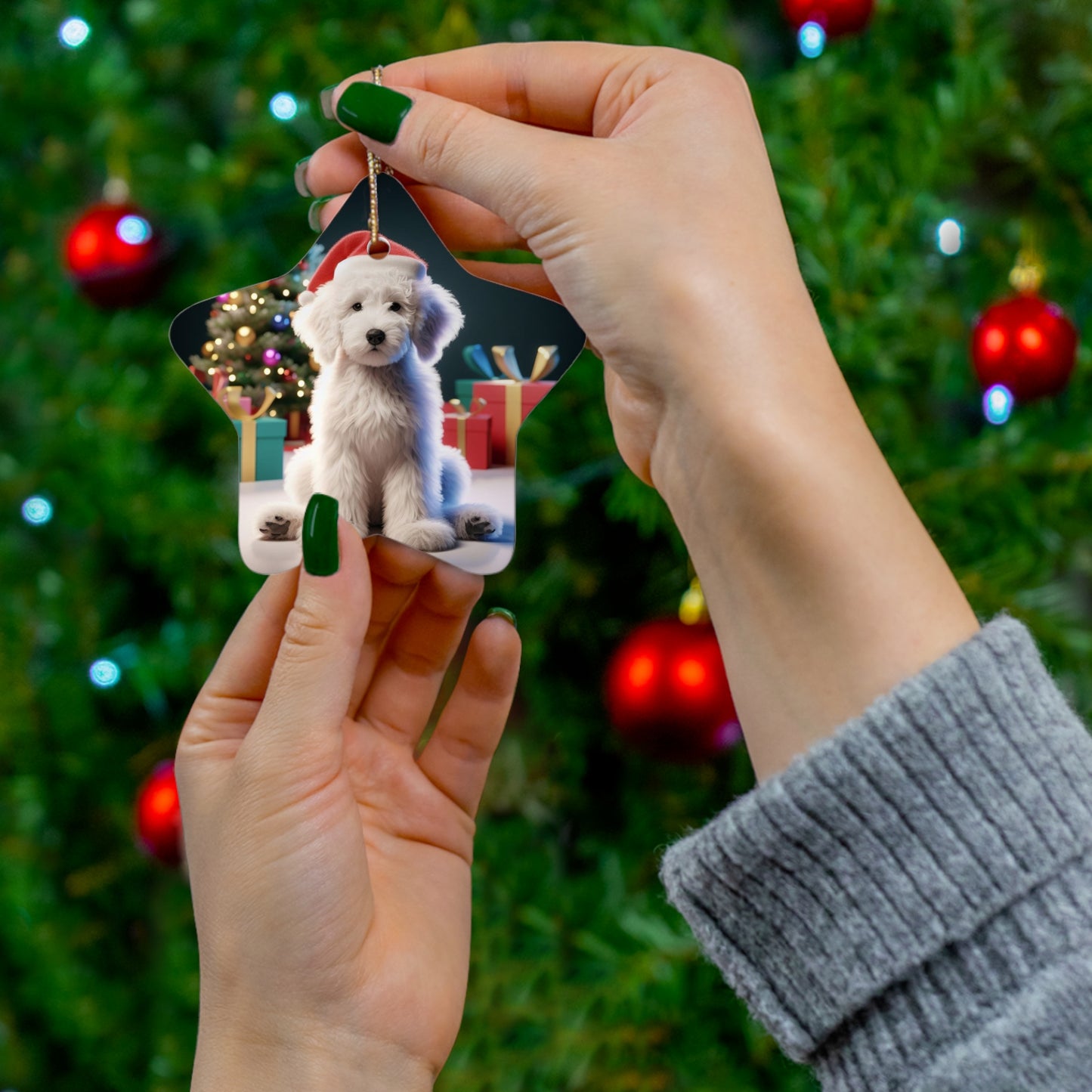 Christmas White Doodle Puppy Ceramic Ornament