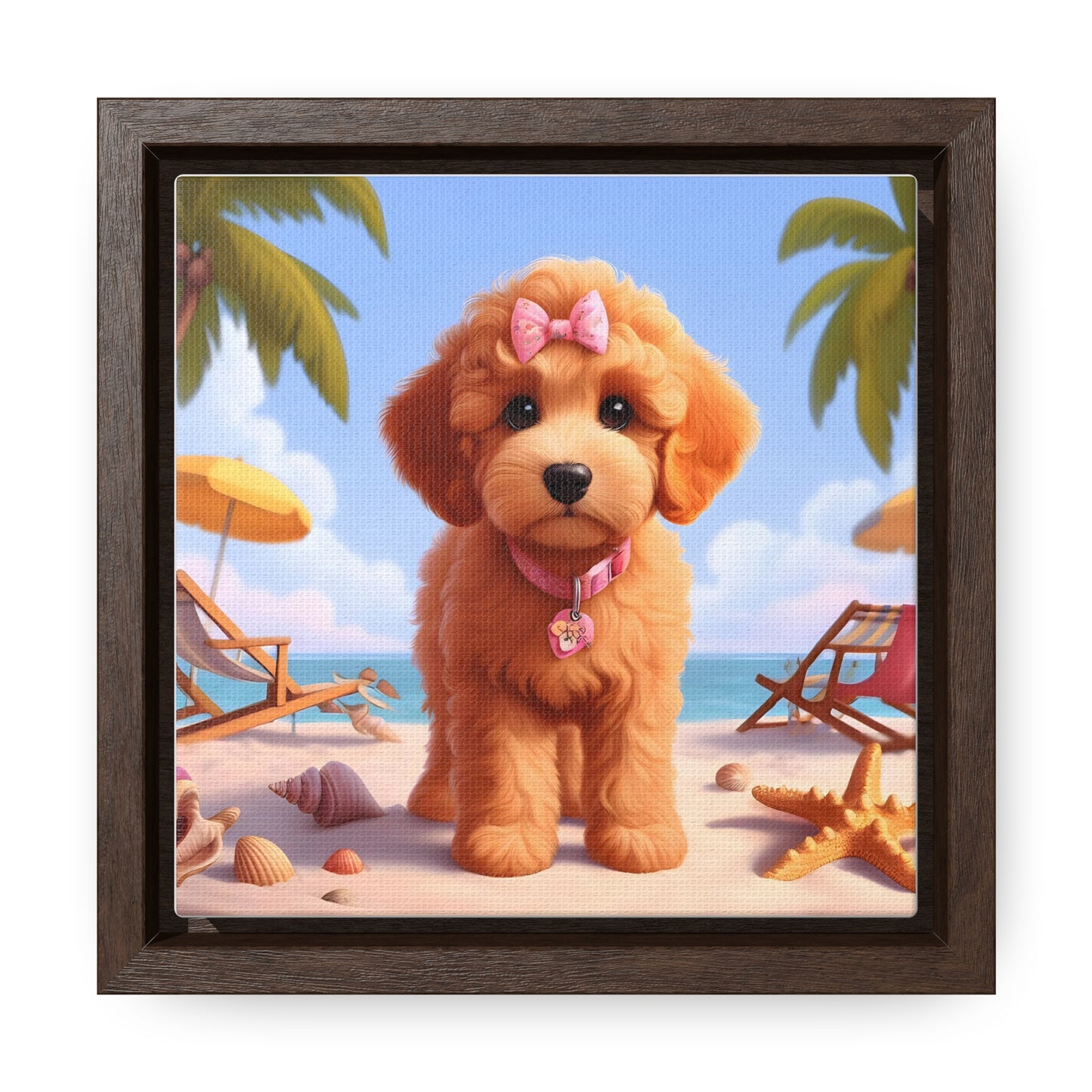 Doodle Puppy on Beach Pink Collar and Bow - Wooden Gallery Canvas Picture - Square Frame - Nice!