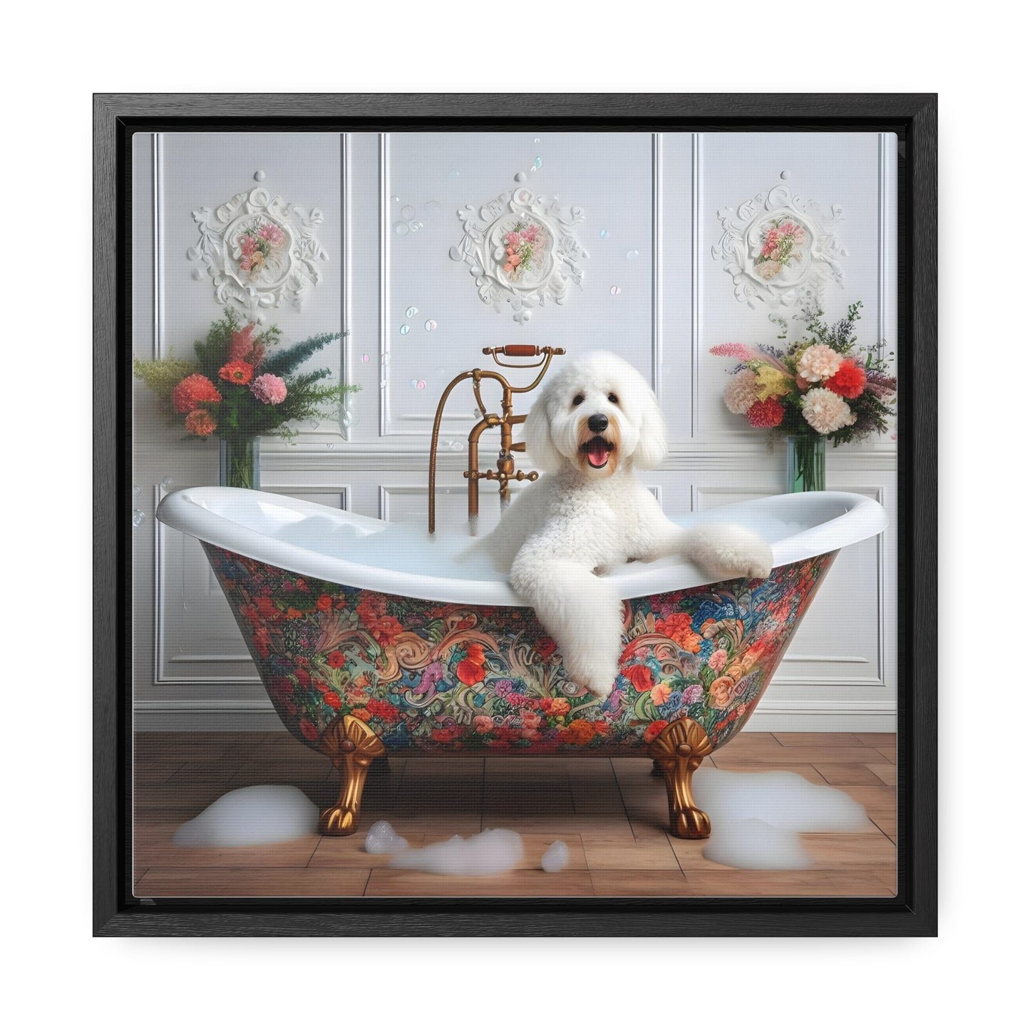 White Doodle Antique Tub Gallery Canvas Picture - Wooden Square Frame - Nice!