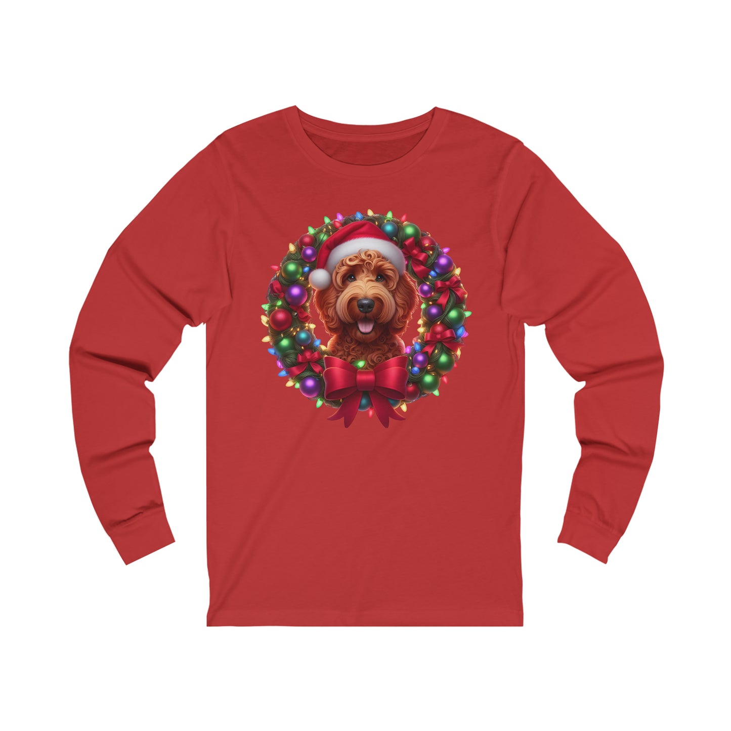 Red Christmas Doodle Wreath - Adult Unisex Bella + Canvas - Long Sleeve T Shirt