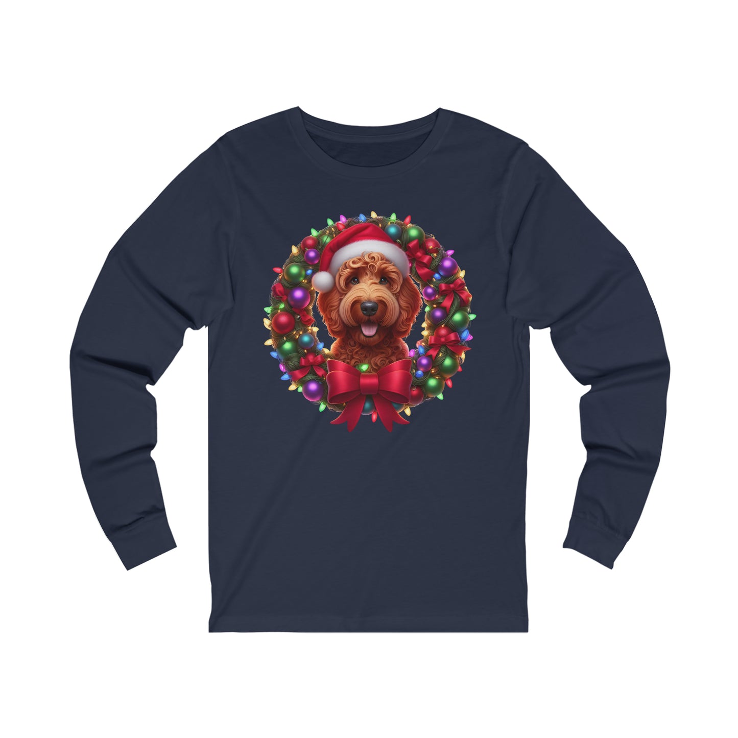 Red Christmas Doodle Wreath - Adult Unisex Bella + Canvas - Long Sleeve T Shirt