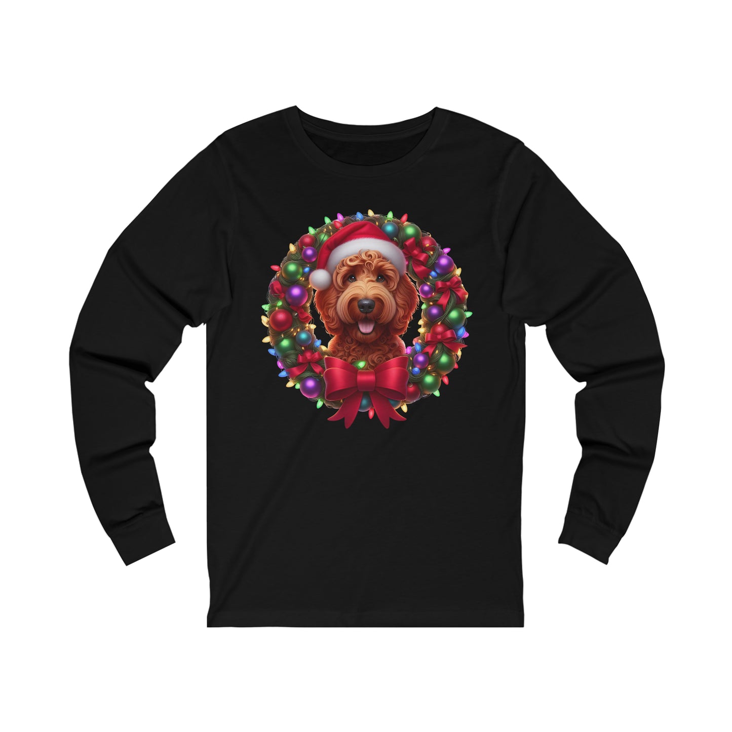 Red Christmas Doodle Wreath - Adult Unisex Bella + Canvas - Long Sleeve T Shirt