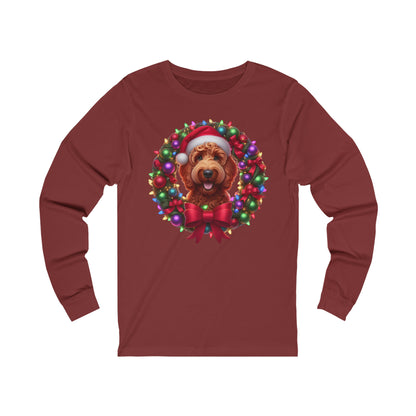 Red Christmas Doodle Wreath - Adult Unisex Bella + Canvas - Long Sleeve T Shirt