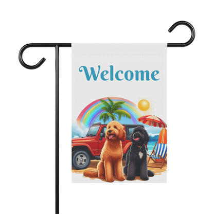 Welcome Beach Jeep Doodle Garden Flag & House Banner