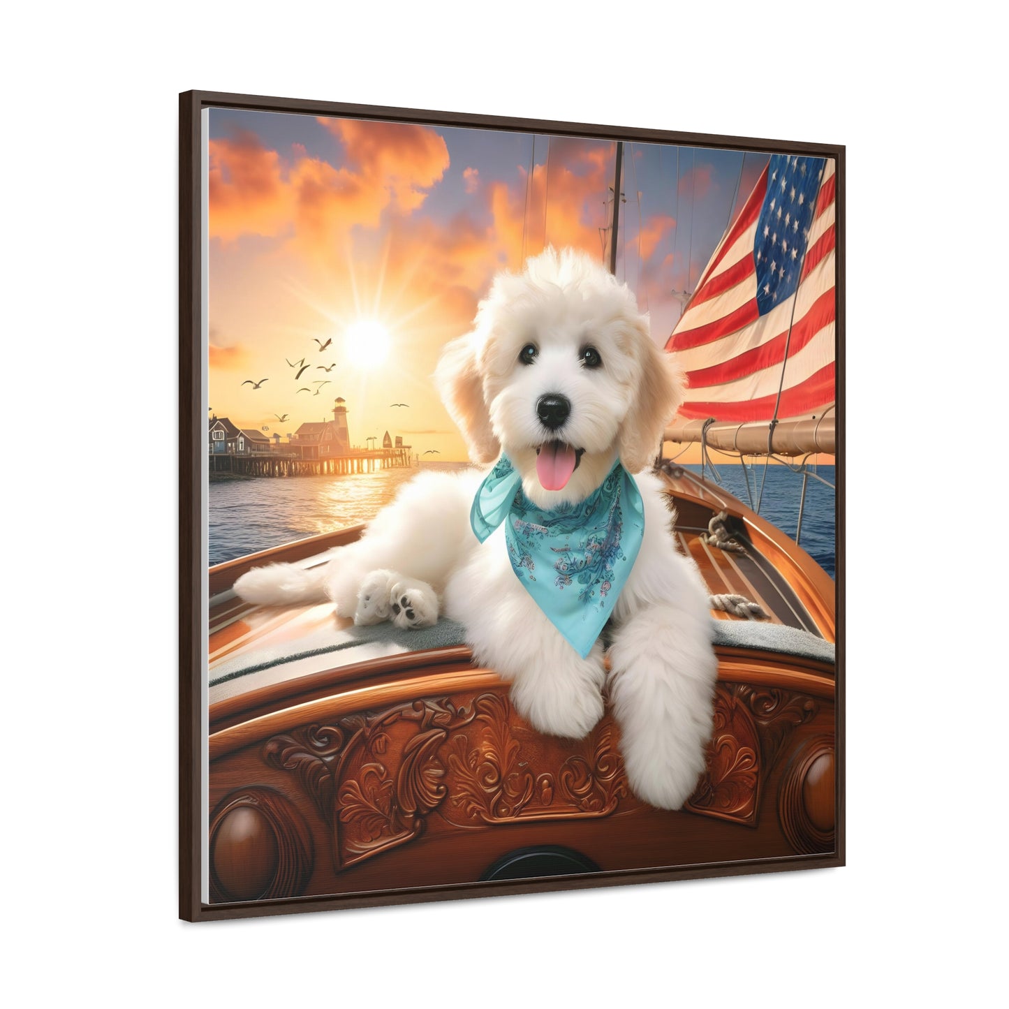 White Doodle on Sailboat at Sunset - Wooden Gallery Canvas Picture - Square Frame - Nice!