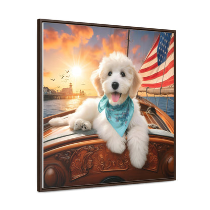 White Doodle on Sailboat at Sunset - Wooden Gallery Canvas Picture - Square Frame - Nice!