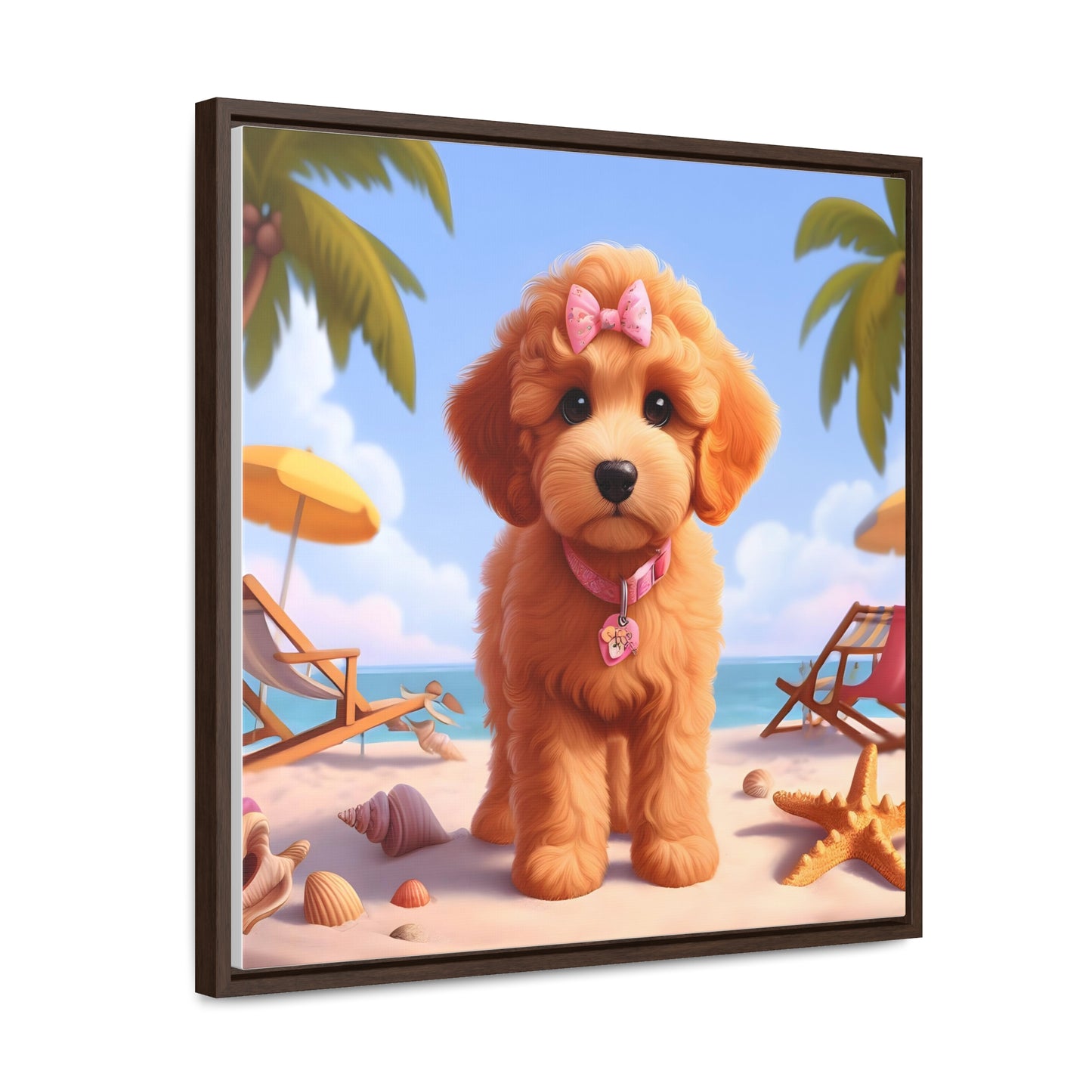 Doodle Puppy on Beach Pink Collar and Bow - Wooden Gallery Canvas Picture - Square Frame - Nice!