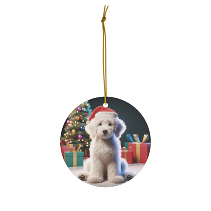 Christmas White Doodle Puppy Ceramic Ornament