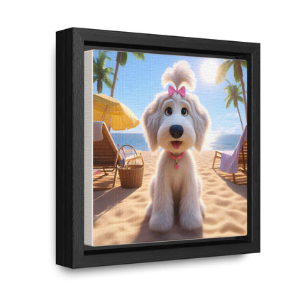 White Doodle Puppy Cartoon Inspired w/Pink Bow - Wooden Gallery Canvas - Square Frame - Nice!