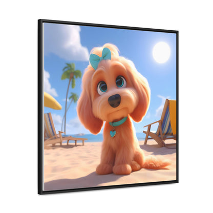 Doodle Cartoon Inspired Puppy w/Blue Collar & Bow - Wooden Gallery Canvas Picture - Square Frame - Nice!