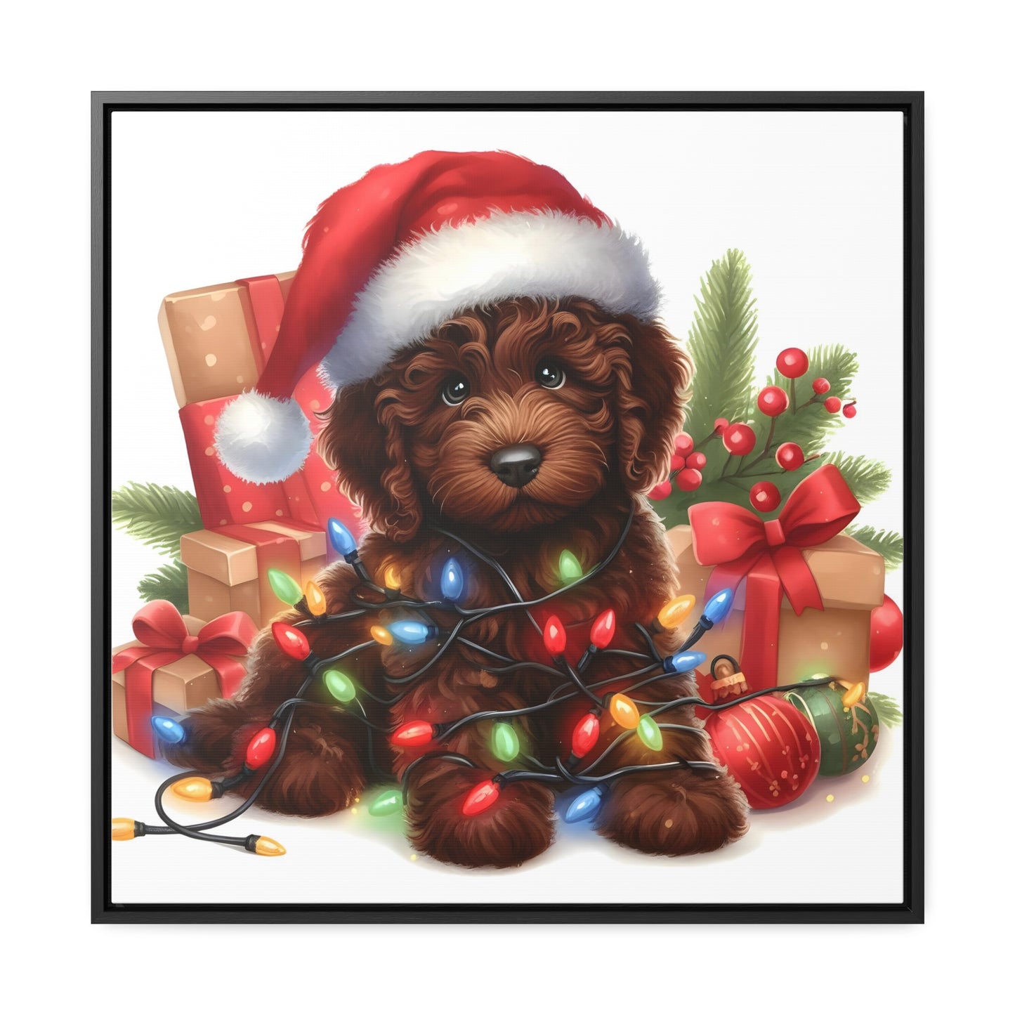 Christmas Lights Chocolate Doodle Puppy - Wooden Gallery Canvas Square Frame - Nice!