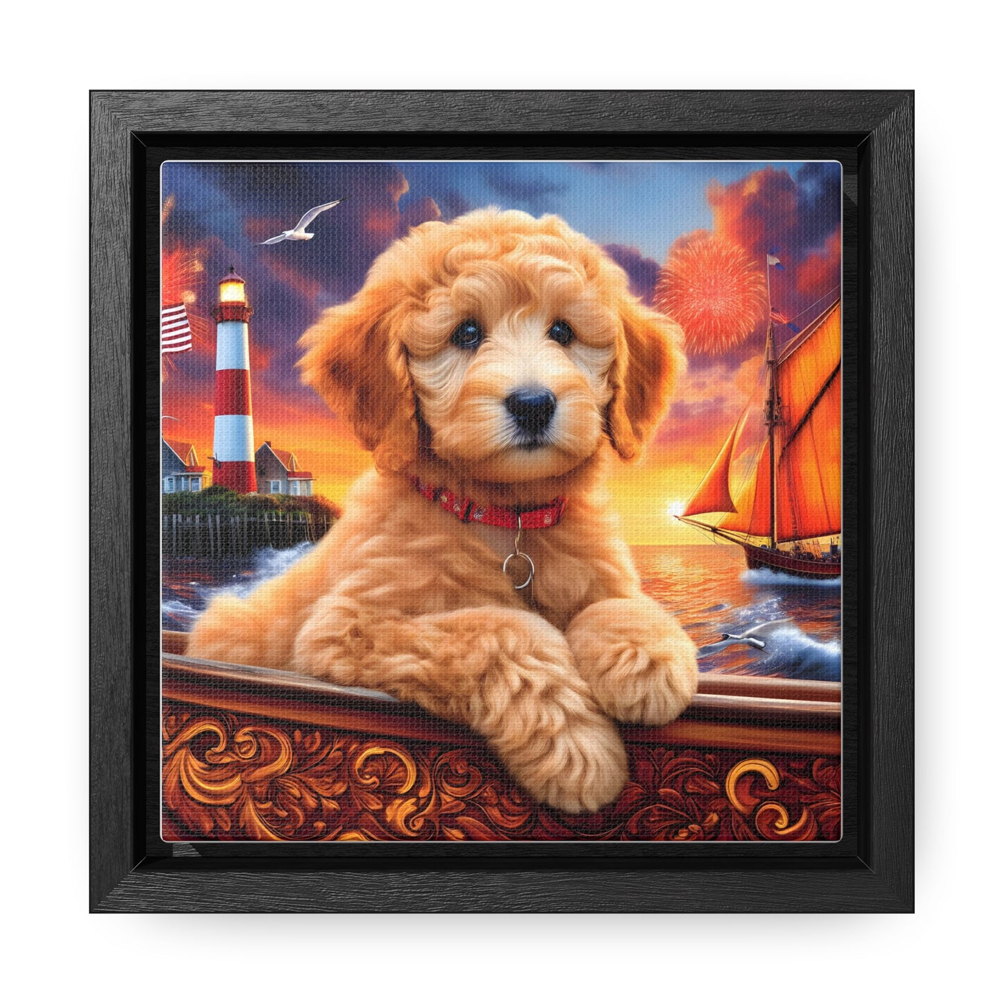 Apricot Doodle on Sailboat - Wooden Gallery Canvas Picture - Square Frame - Nice!