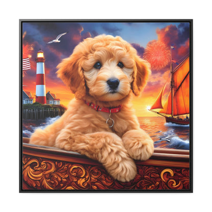 Apricot Doodle on Sailboat - Wooden Gallery Canvas Picture - Square Frame - Nice!