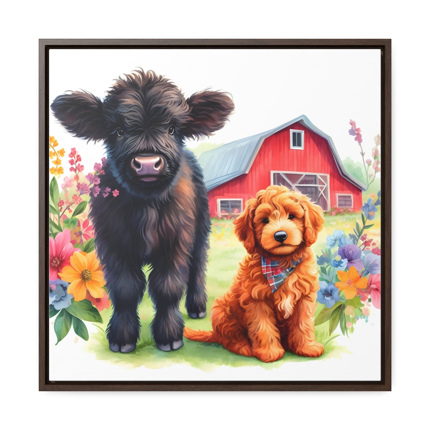 Scottish Highland Cow Doodle Gallery Canvas Picture Square Wood Frame - Nice!