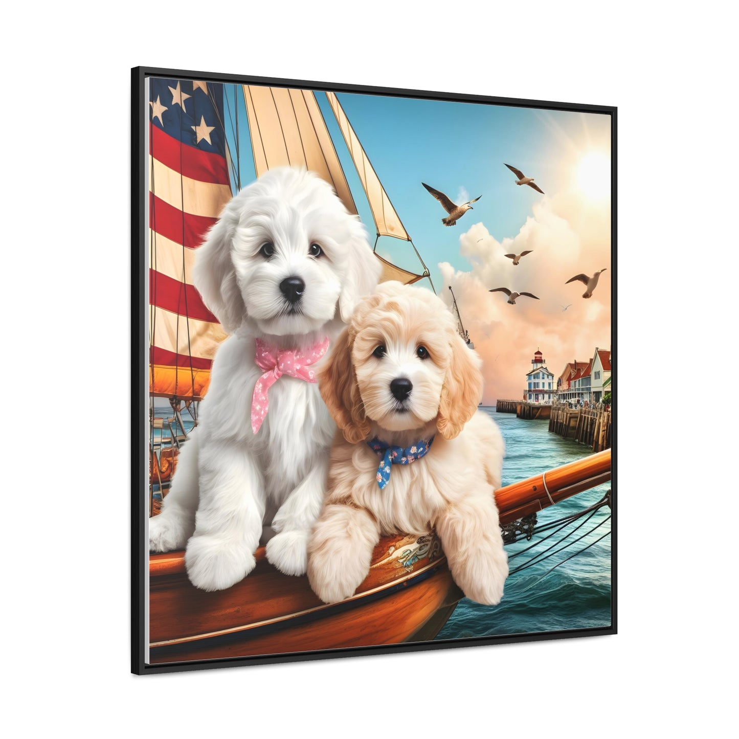 Doodles on Sailboat w/Sunset - Wooden Gallery Canvas Picture - Square Frame - Nice!