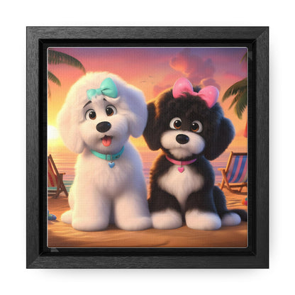 Doodle Puppies on Beach, Cartoon Inspired - Wooden Gallery Canvas Picture - Square Frame - Nice!