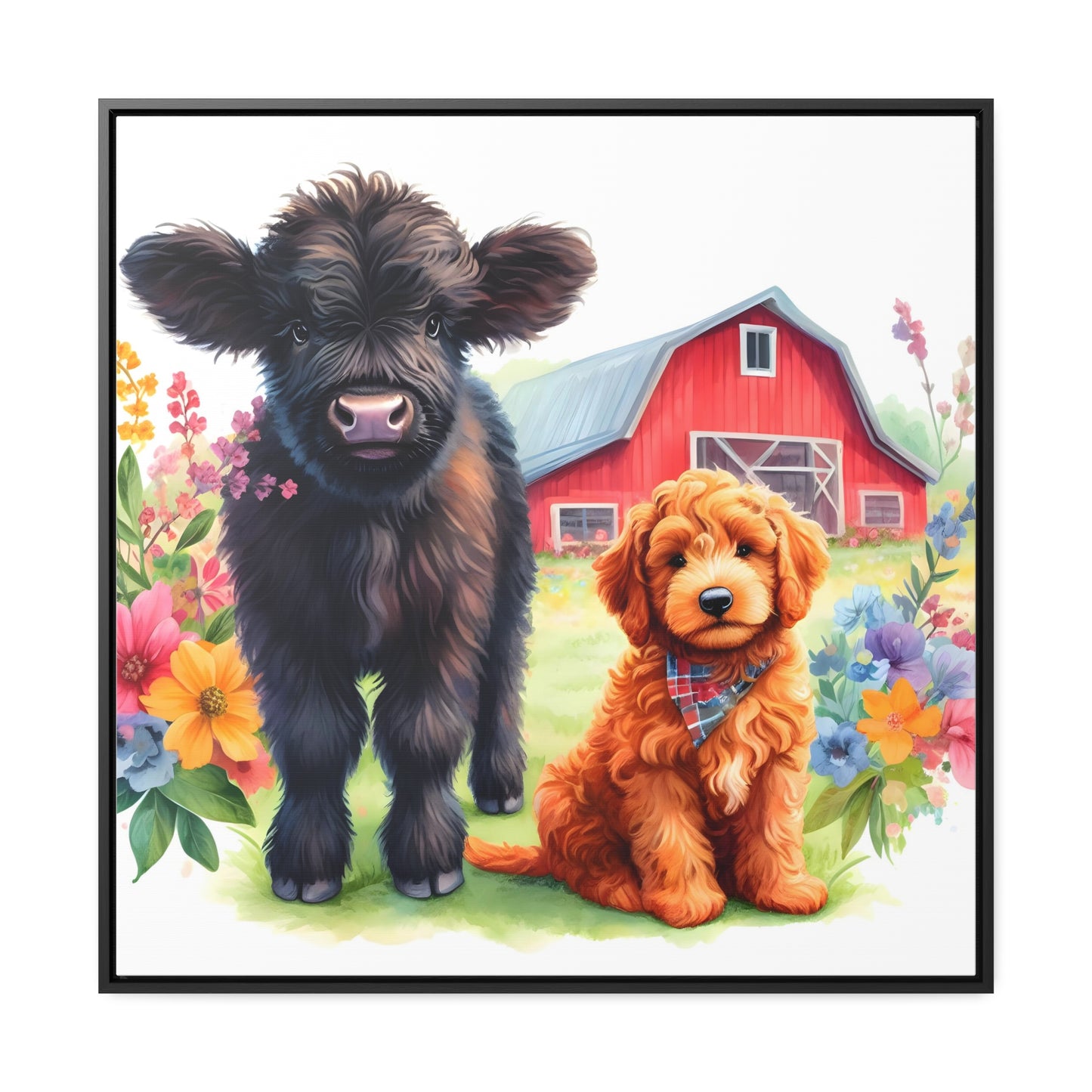 Scottish Highland Cow Doodle Gallery Canvas Picture Square Wood Frame - Nice!