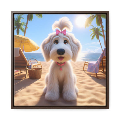 White Doodle Puppy Cartoon Inspired w/Pink Bow - Wooden Gallery Canvas - Square Frame - Nice!