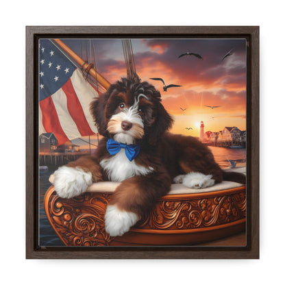 Brown and White Bernedoodle on Sailboat - Wooden Gallery Canvas Picture - Square Frame - Nice!