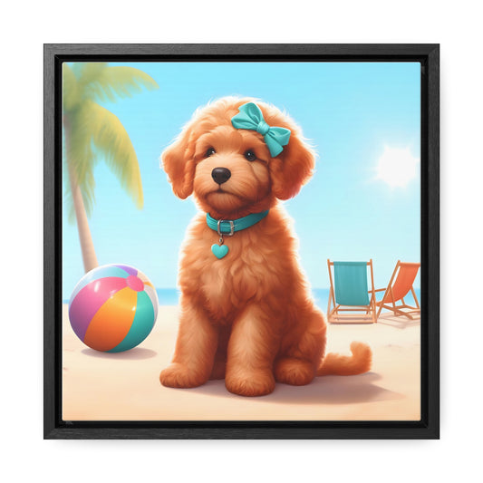 Doodle Puppy on Beach - Wooden Gallery Canvas Picture, Square Frame! Nice!