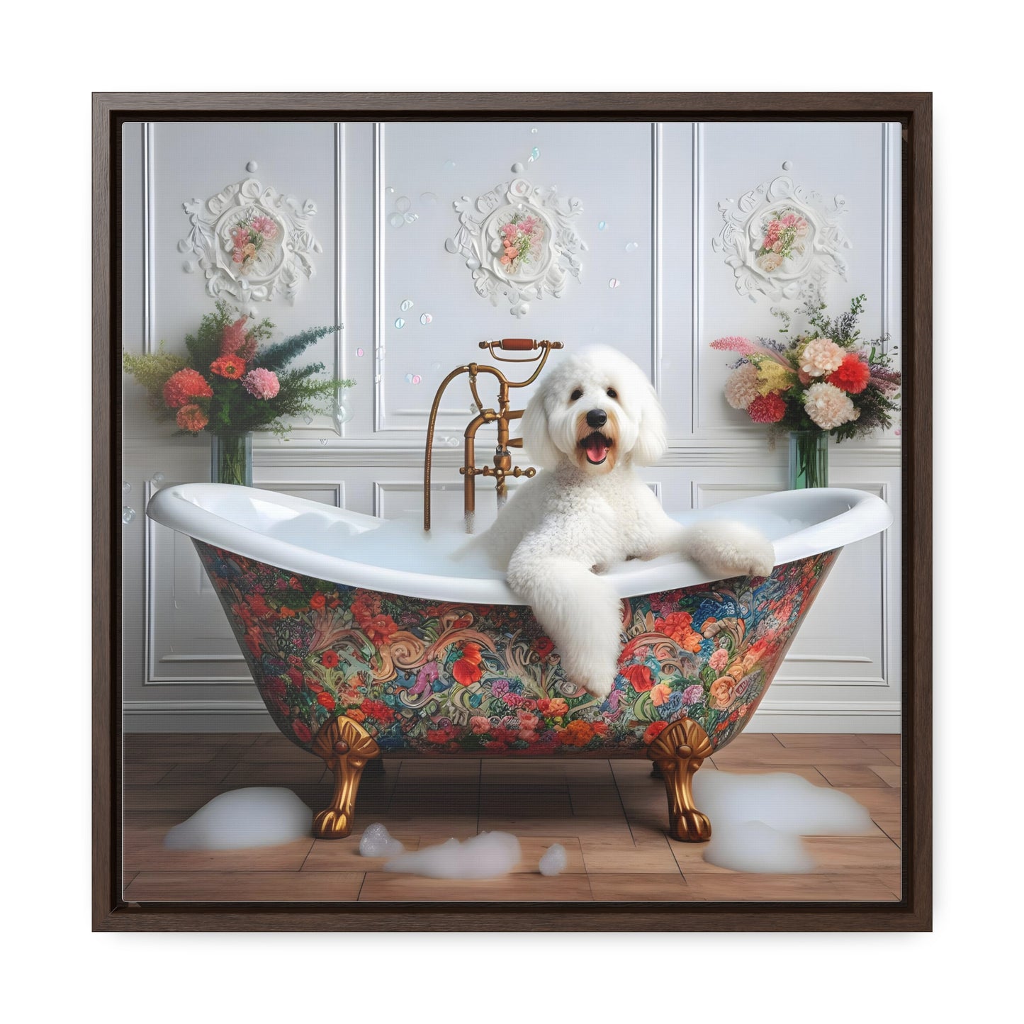 White Doodle Antique Tub Gallery Canvas Picture - Wooden Square Frame - Nice!