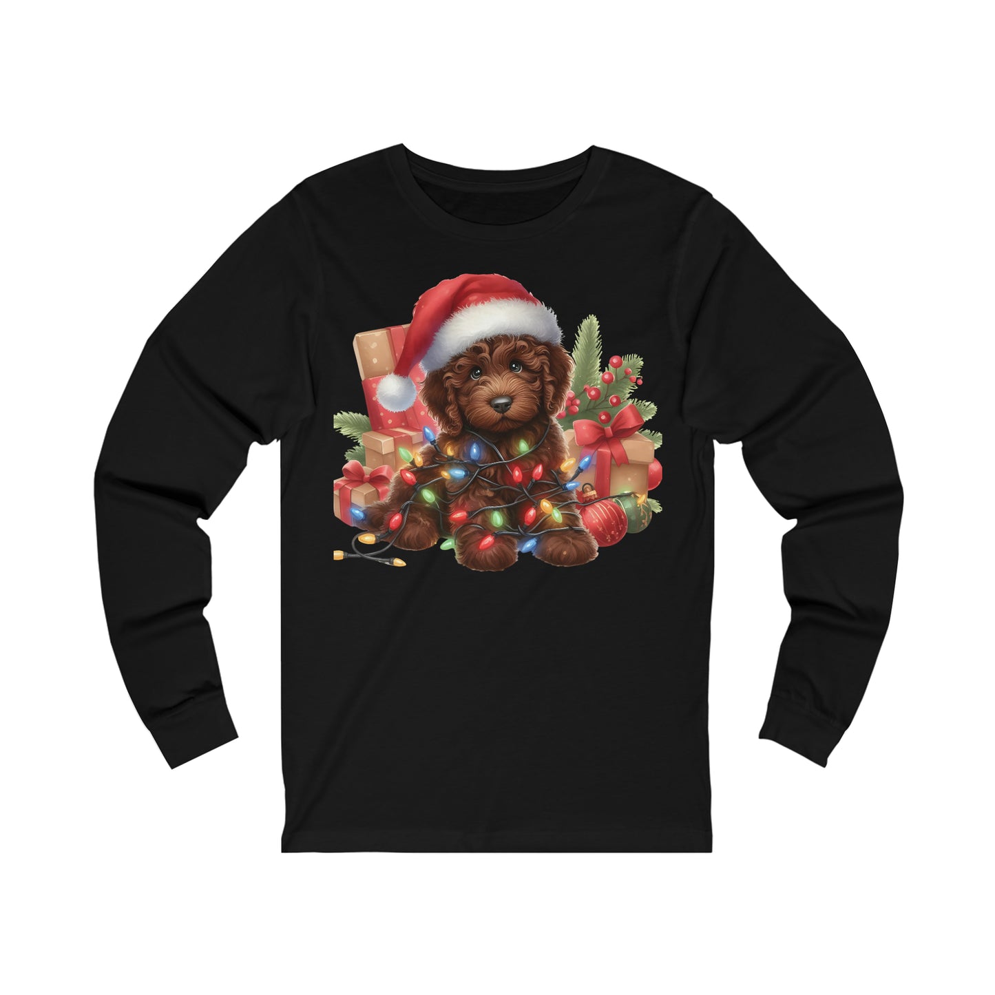 Chocolate Brown Christmas Doodle - Adult Unisex Long Sleeve T Shirt Bella + Canvas