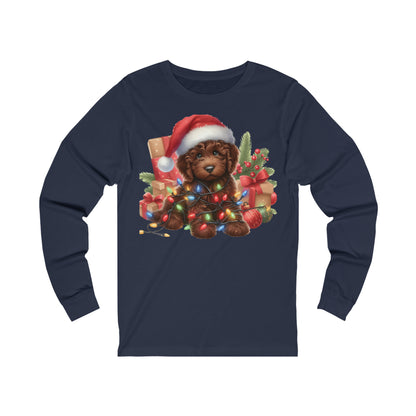 Chocolate Brown Christmas Doodle - Adult Unisex Long Sleeve T Shirt Bella + Canvas