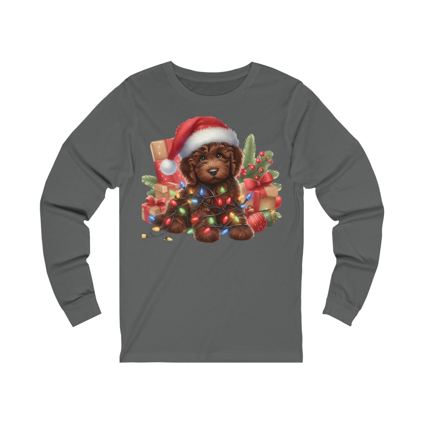 Chocolate Brown Christmas Doodle - Adult Unisex Long Sleeve T Shirt Bella + Canvas