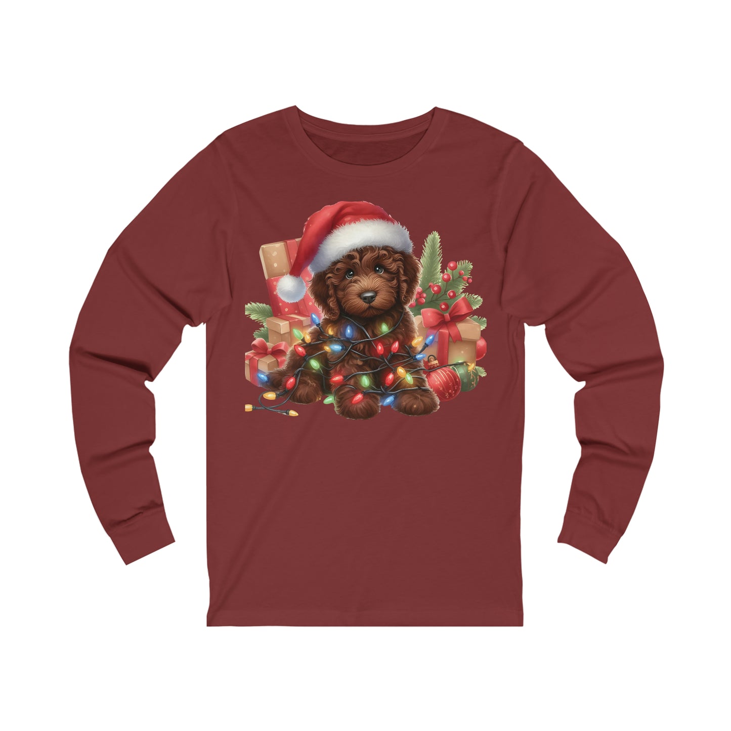 Chocolate Brown Christmas Doodle - Adult Unisex Long Sleeve T Shirt Bella + Canvas