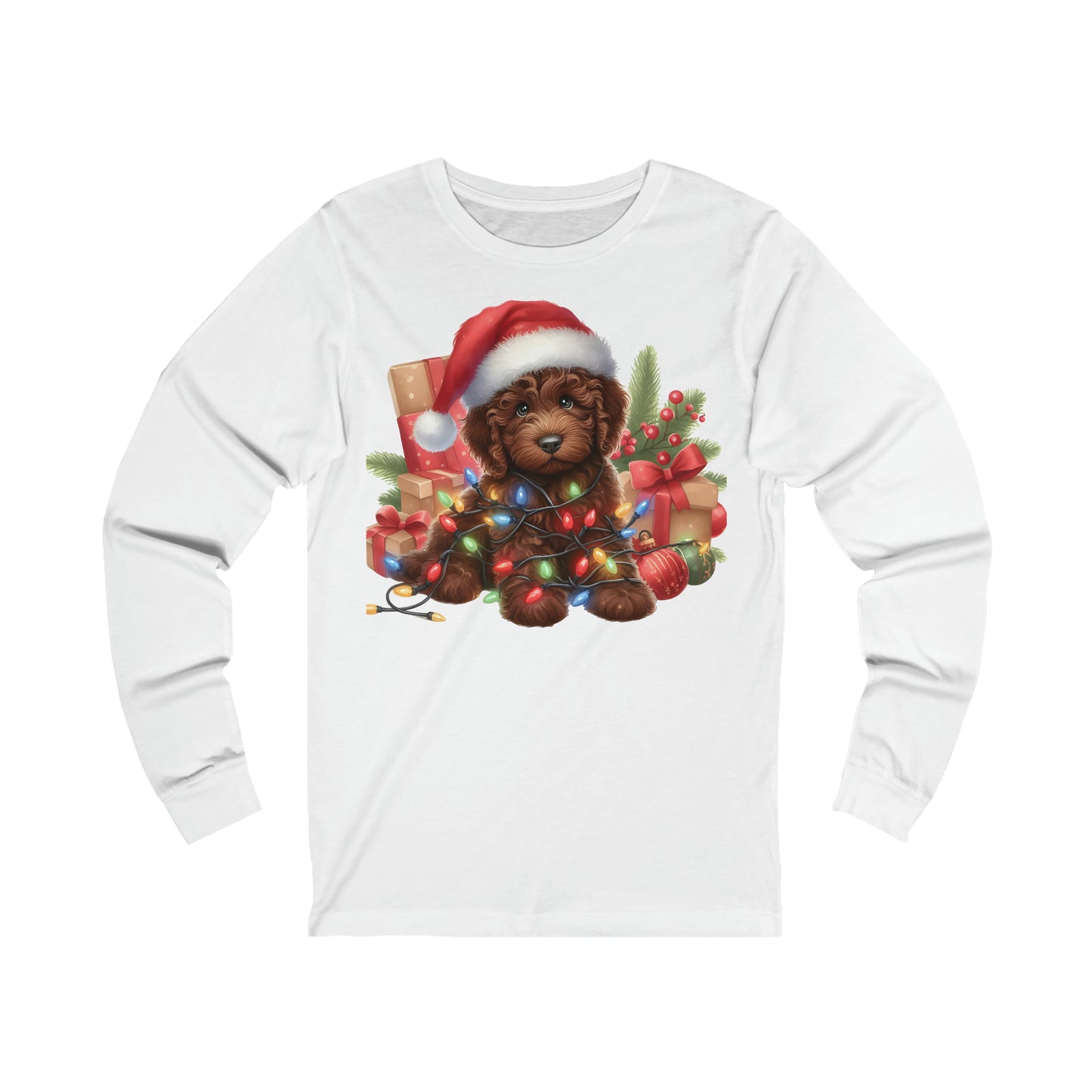 Chocolate Brown Christmas Doodle - Adult Unisex Long Sleeve T Shirt Bella + Canvas