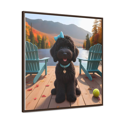 Black Doodle on Dock by Lake - Wooden Gallery Canvas Picture - Square Frame - Nice!