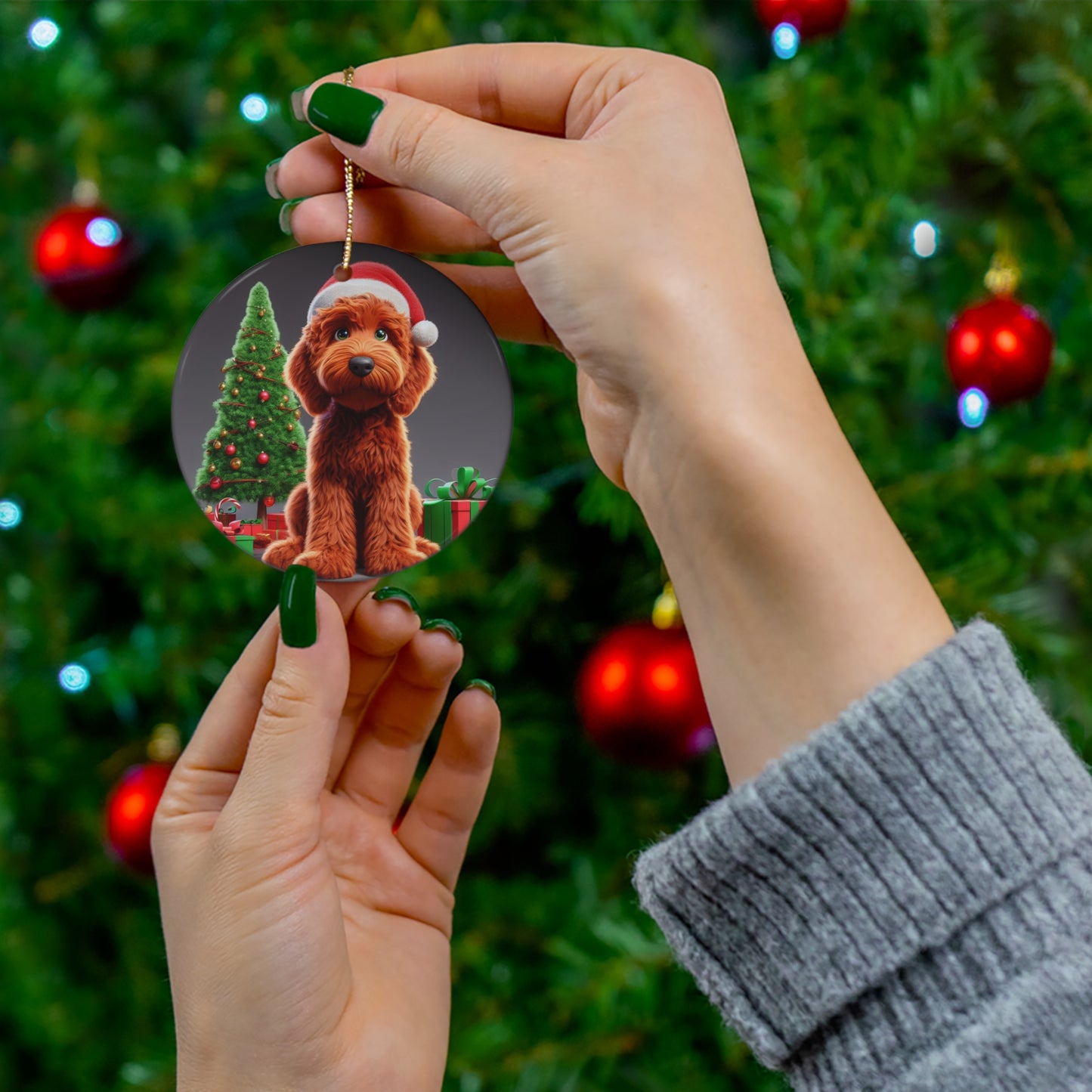 Christmas Red Doodle Cartoon Inspired Ceramic Ornament